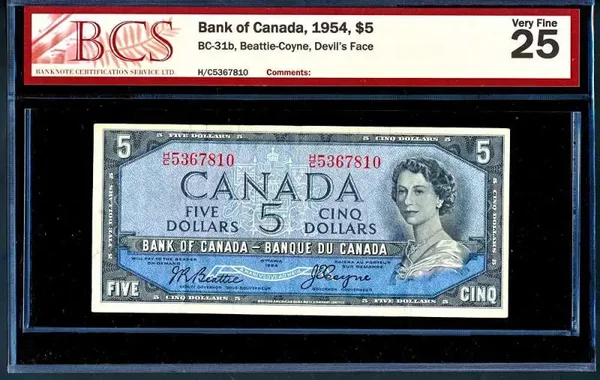 1954 Canada $5 Banknote – BCS VF25 Very Fine “Devil’s Face” (Beattie–Coyne, BC-31b)