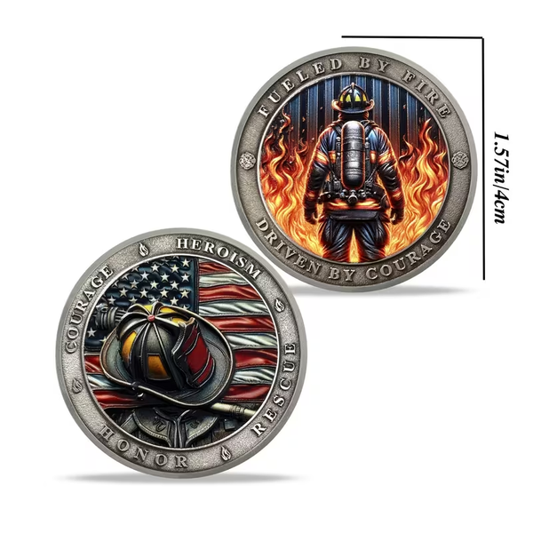Firefighter Tribute Challenge Coin – Fueled by Fire Driven by Courage – Honor • Rescue • Heroism • USA Patriotic Design