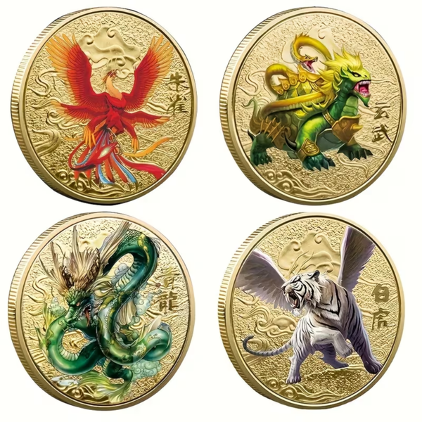 Four Mythical Beasts Art Round Set – Phoenix Dragon Tiger Qilin Alloy Fantasy Coins 40mm