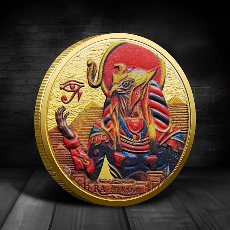 Ra Sun God Egyptian Art Round – Gold Fantasy Coin with Pyramid & Esoteric Symbol Reverse