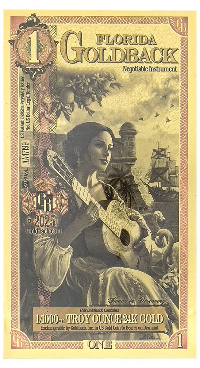 Florida Goldback 1 Goldback Note – 1/1000 Troy oz .999 Fine 24K Gold | Fractional Gold Currency