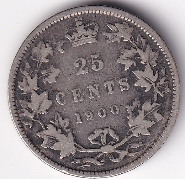 1900 Canada 25 Cents Silver Quarter – Queen Victoria – Large Crown – VF Condition – .925 Silver