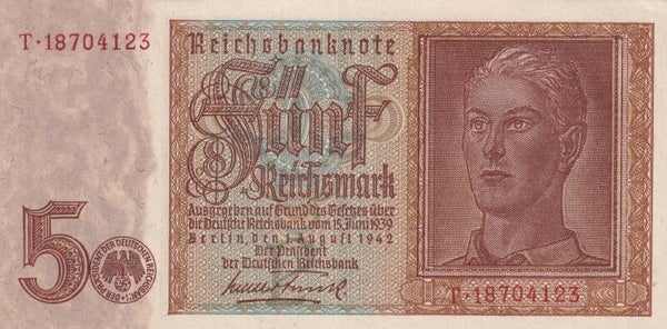 1942 Germany 5 Reichsmark Reichsbanknote – WWII Era – VF+