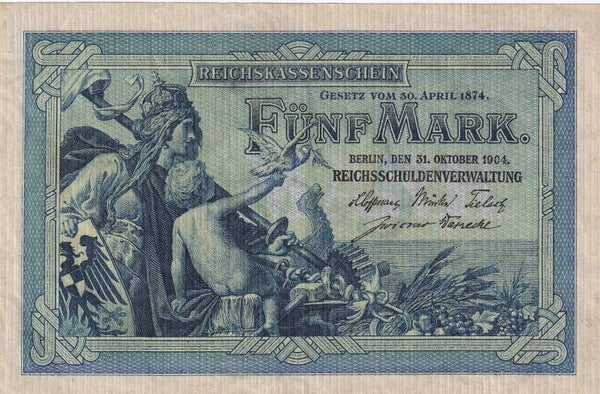 1904 Germany 5 Mark Reichskassenschein – Imperial Issue – Classical Allegory – VF Condition