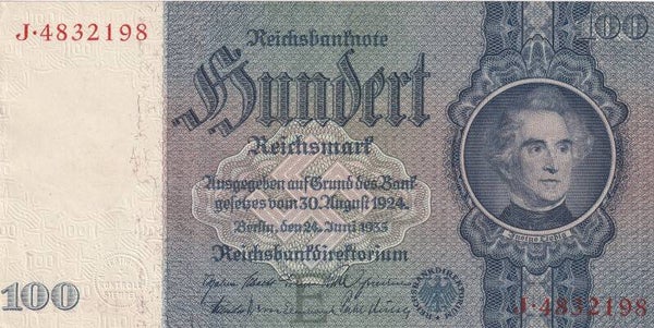 1935 Germany 100 Mark Reichsbanknote – Weimar Republic – Classical Allegory – VF Condition