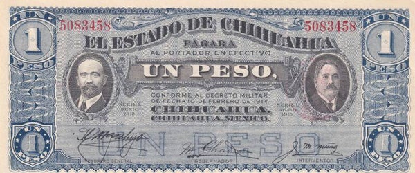 1914 Mexico 1 Peso Chihuahua Revolutionary Note – Estado de Chihuahua – Red Treasury Seal – VF+
