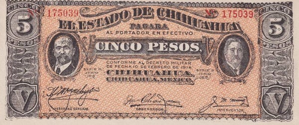 1914 Mexico 5 Pesos Chihuahua Revolutionary Note – Estado de Chihuahua – Red Treasury Seal – VF