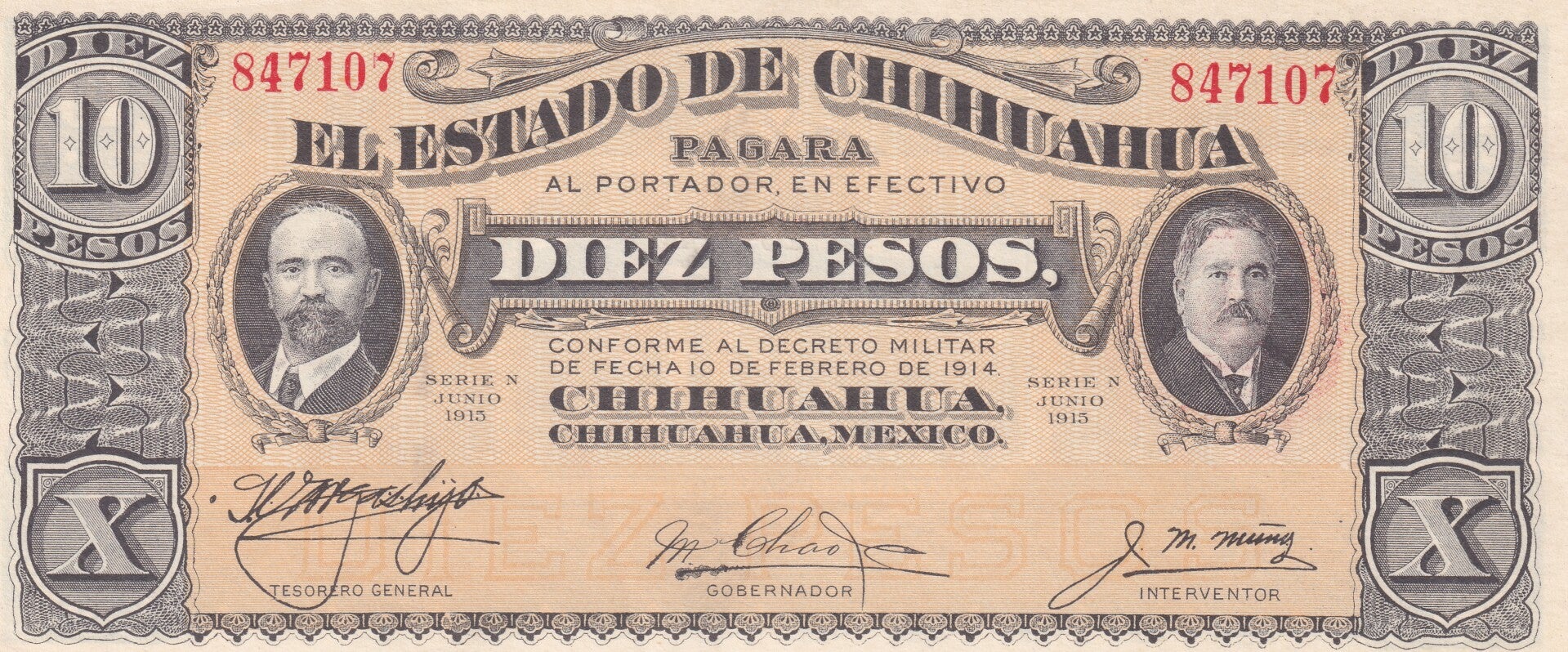 1914 Mexico 10 Pesos Chihuahua Revolutionary Note – Estado de Chihuahua – Red Treasury Seal – VF