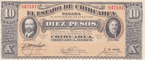 1914 Mexico 10 Pesos Chihuahua Revolutionary Note – Estado de Chihuahua – Red Treasury Seal – VF
