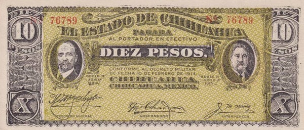 1914 Mexico 10 Pesos Chihuahua Revolutionary Note – Yellow Underprint Variety – Red Treasury Seal – VF