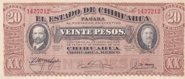 1915 Mexico – Chihuahua El Estado de Chihuahua 20 Pesos Banknote | VF