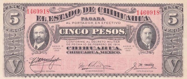 1915 Mexico Chihuahua 5 Pesos Revolutionary Banknote – El Estado de Chihuahua - VF