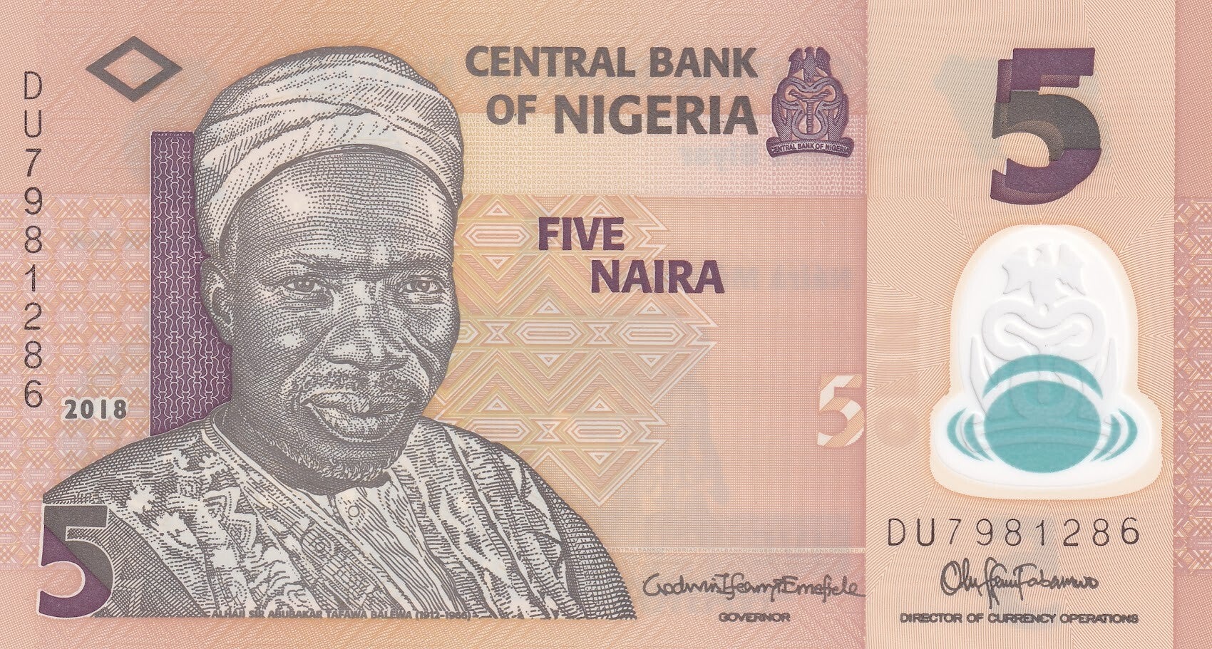 2018 Nigeria 5 Naira Polymer Banknote – Central Bank of Nigeria – P-27 – UNC Crisp Uncirculated