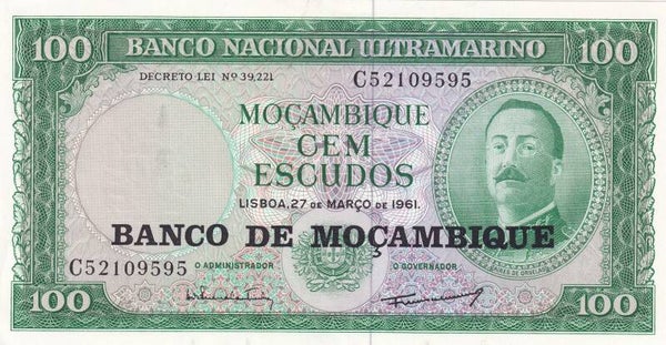 1961 Mozambique 100 Escudos Banknote – Banco de Moçambique – Pick 110 – VF+ Colonial Issue