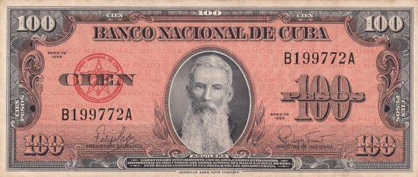 1959 Cuba 100 Pesos  –  Banco Nacional de Cuba – José Martí Portrait – XF Condition