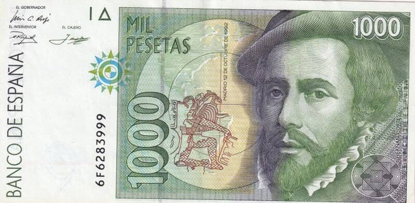 1992 Spain 1000 Pesetas  – Banco de España – Francisco Pizarro – VF Condition