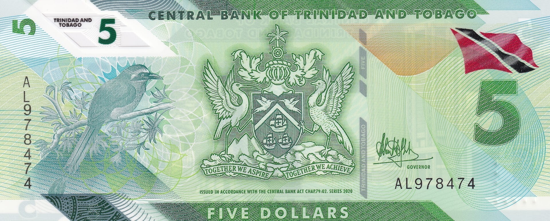 2020 Trinidad & Tobago $5 Polymer Banknote – UNC – Central Bank of Trinidad and Tobago – Scarlet Ibis