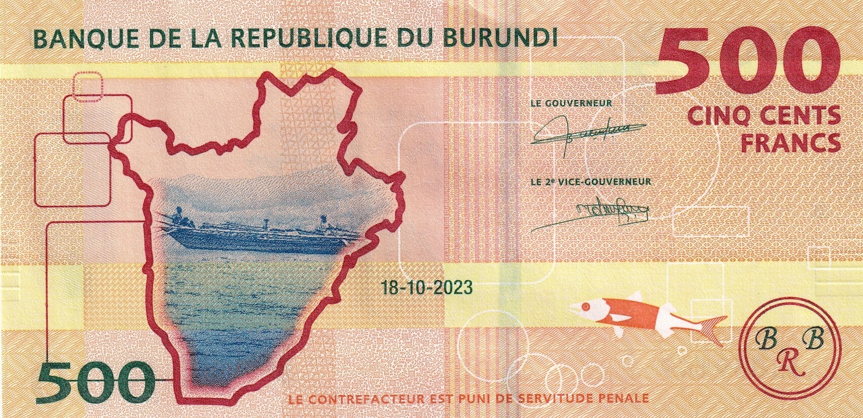 2023 Burundi 500 Francs Banknote – UNC – Banque de la République du Burundi – Lake Tanganyika & Coffee