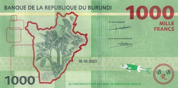 2023 Burundi 1000 Francs Banknote – UNC – Banque de la République du Burundi – Cattle & Banana Plant