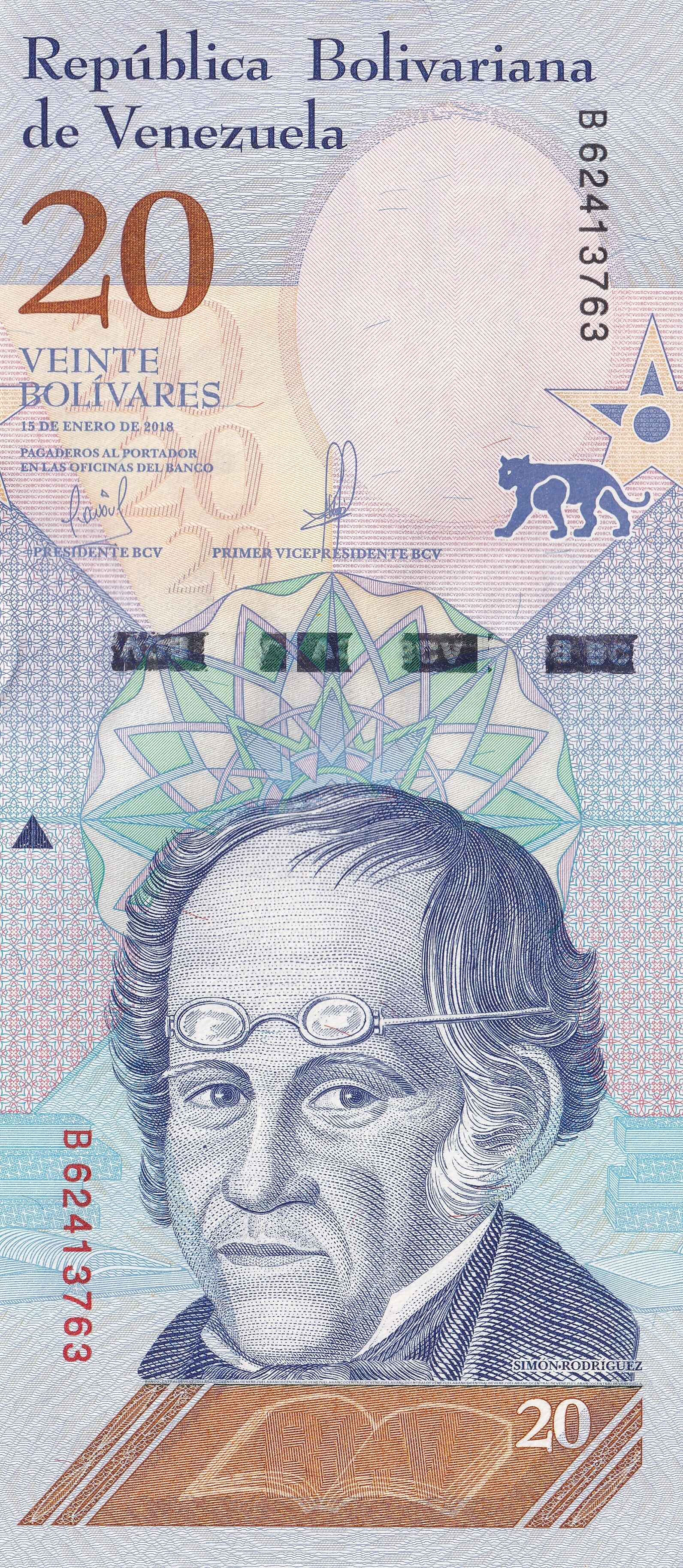 2018 Venezuela 20 Bolívares Banknote – UNC – Banco Central de Venezuela – Simón Rodríguez & Jaguar