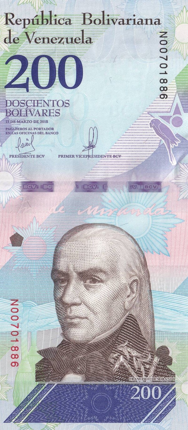 Venezuela 200 Bolívares 2018 – UNC Banknote | Banco Central de Venezuela | Simón Rodríguez & Scarlet Macaw