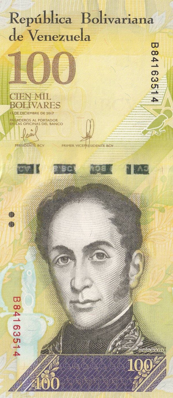 Venezuela 100,000 Bolívares 2017 – UNC Banknote | Banco Central de Venezuela | Simón Bolívar & Venezuelan Wildlife