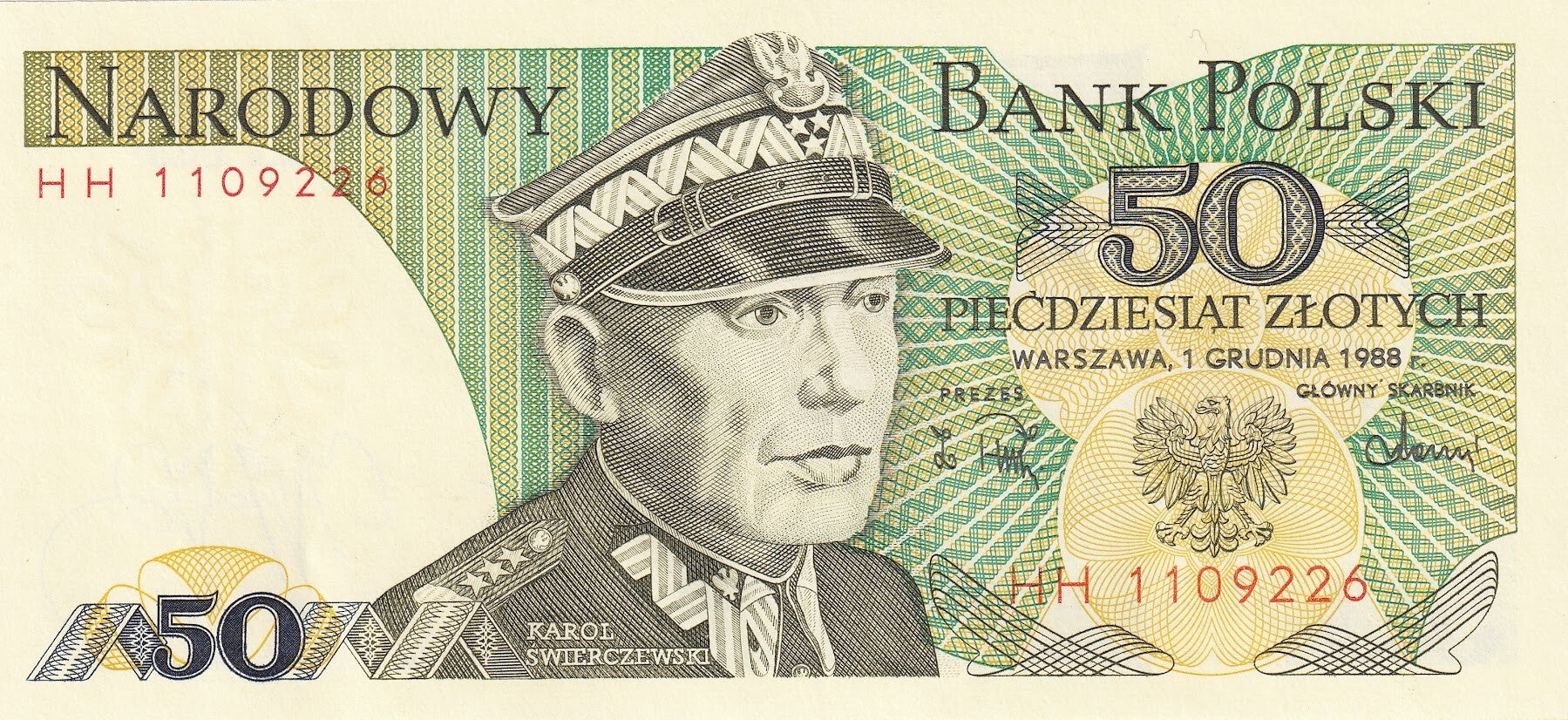 Poland 50 Złotych Banknote – 1988 Issue | Karol Świerczewski Portrait | Circulated UNC Condition