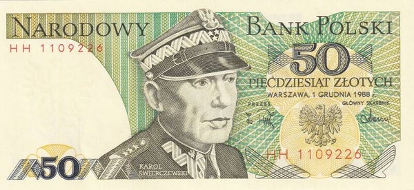 Poland 50 Złotych Banknote – 1988 Issue | Karol Świerczewski Portrait | Circulated UNC Condition