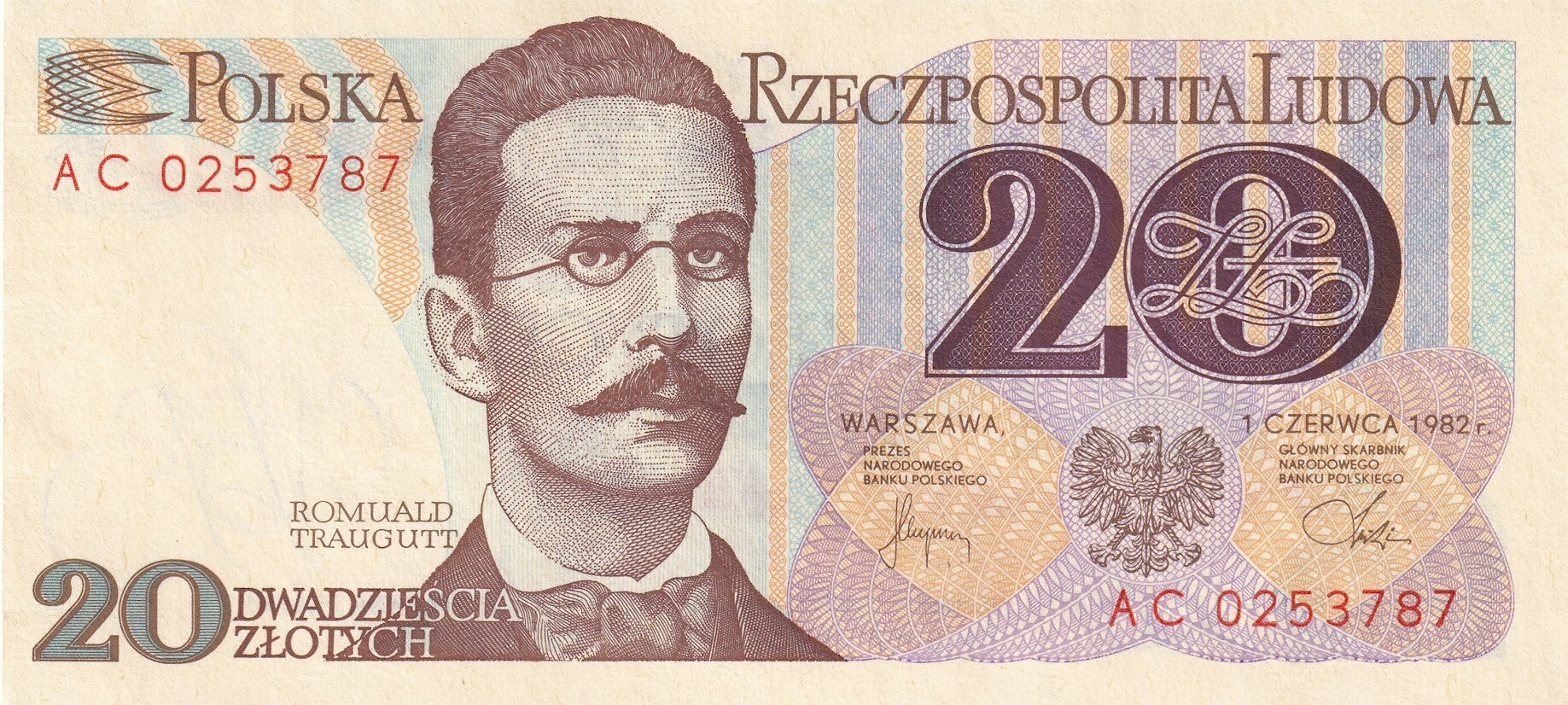 Poland 20 Złotych 1982 – UNC Banknote | Narodowy Bank Polski | Romuald Traugutt Portrait
