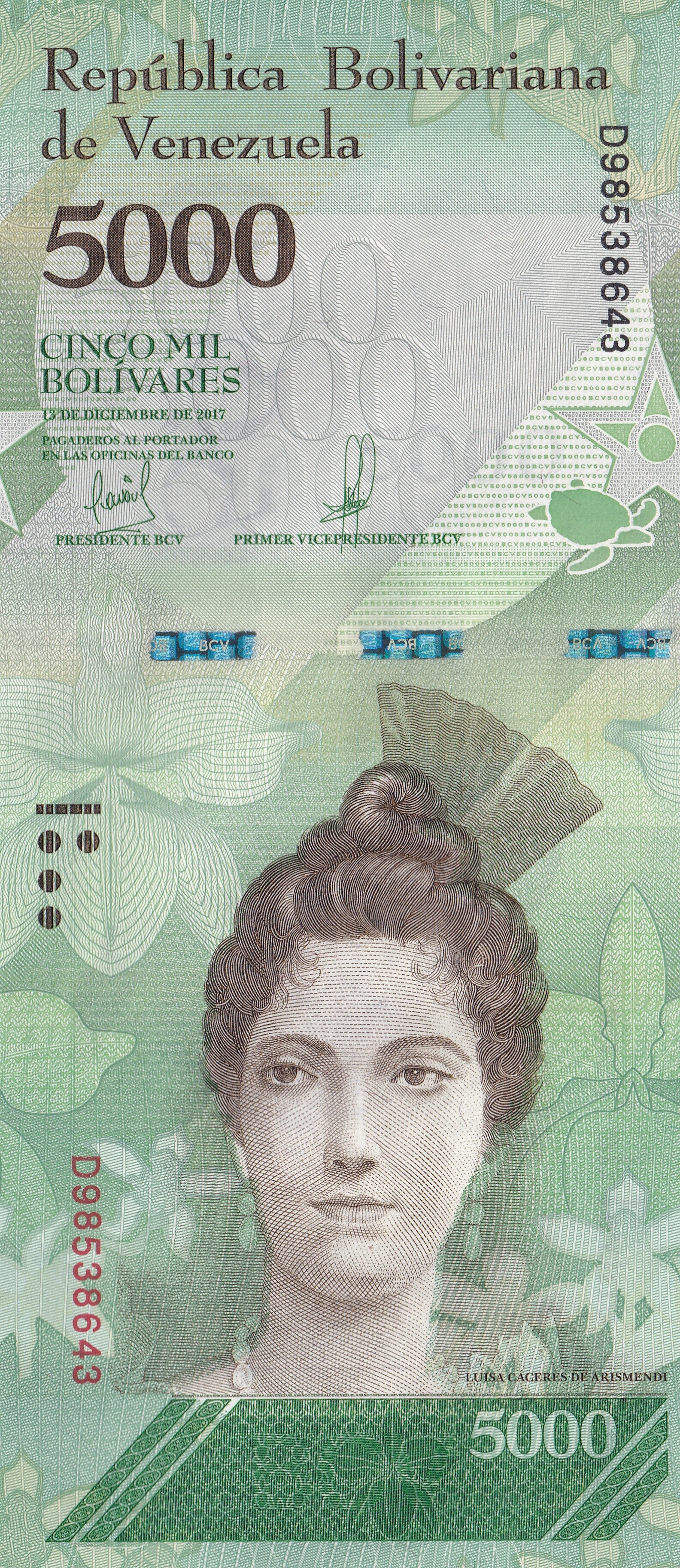 2017 Venezuela 5,000 Bolívares Banknote – UNC Condition – Luisa Cáceres de Arismendi
