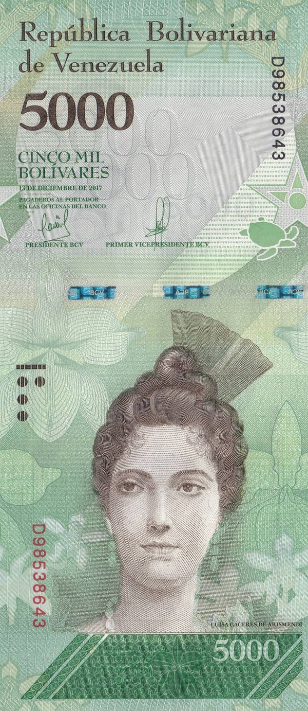 2017 Venezuela 5,000 Bolívares Banknote – UNC Condition – Luisa Cáceres de Arismendi