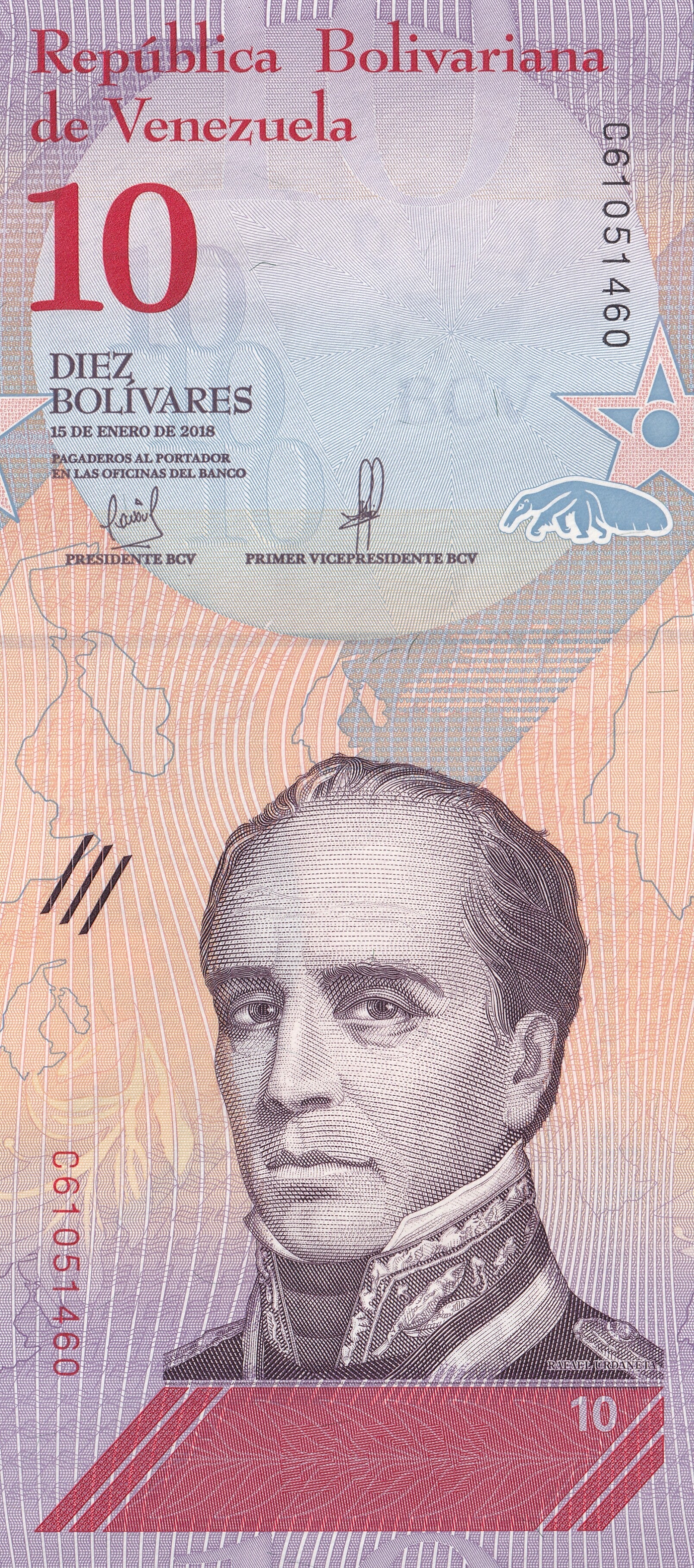 Venezuela 10 Bolívares Banknote – 2018 – Banco Central de Venezuela – Rafael Urdaneta – Giant Anteater – UNC