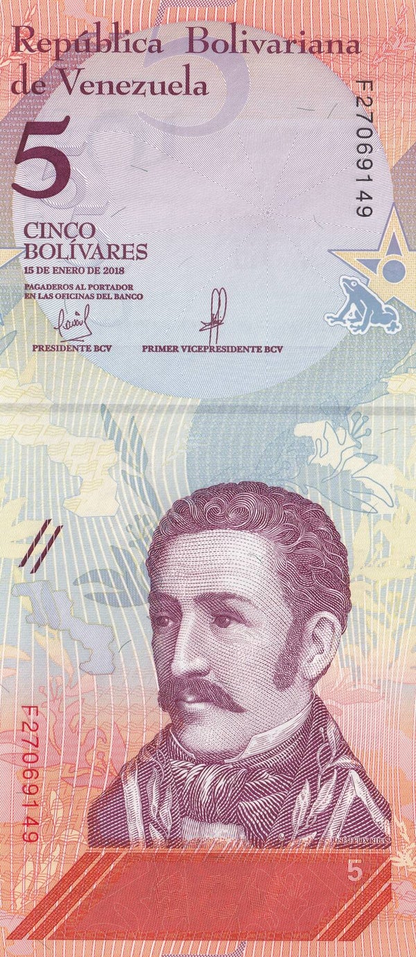 2018 Venezuela 5 Bolívares Banknote – Republica Bolivariana – UNC / Crisp Uncirculated