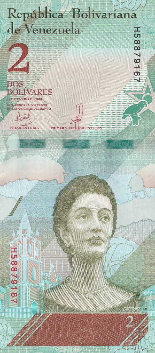 2018 Venezuela 2 Bolívares Banknote – UNC / Crisp Uncirculated – Wildlife Parrot Design
