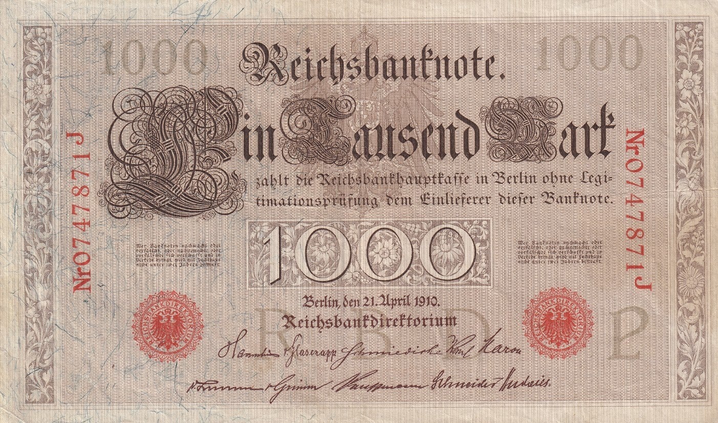 1910 German Empire Reichsbanknote 1000 Mark Banknote – VG / F