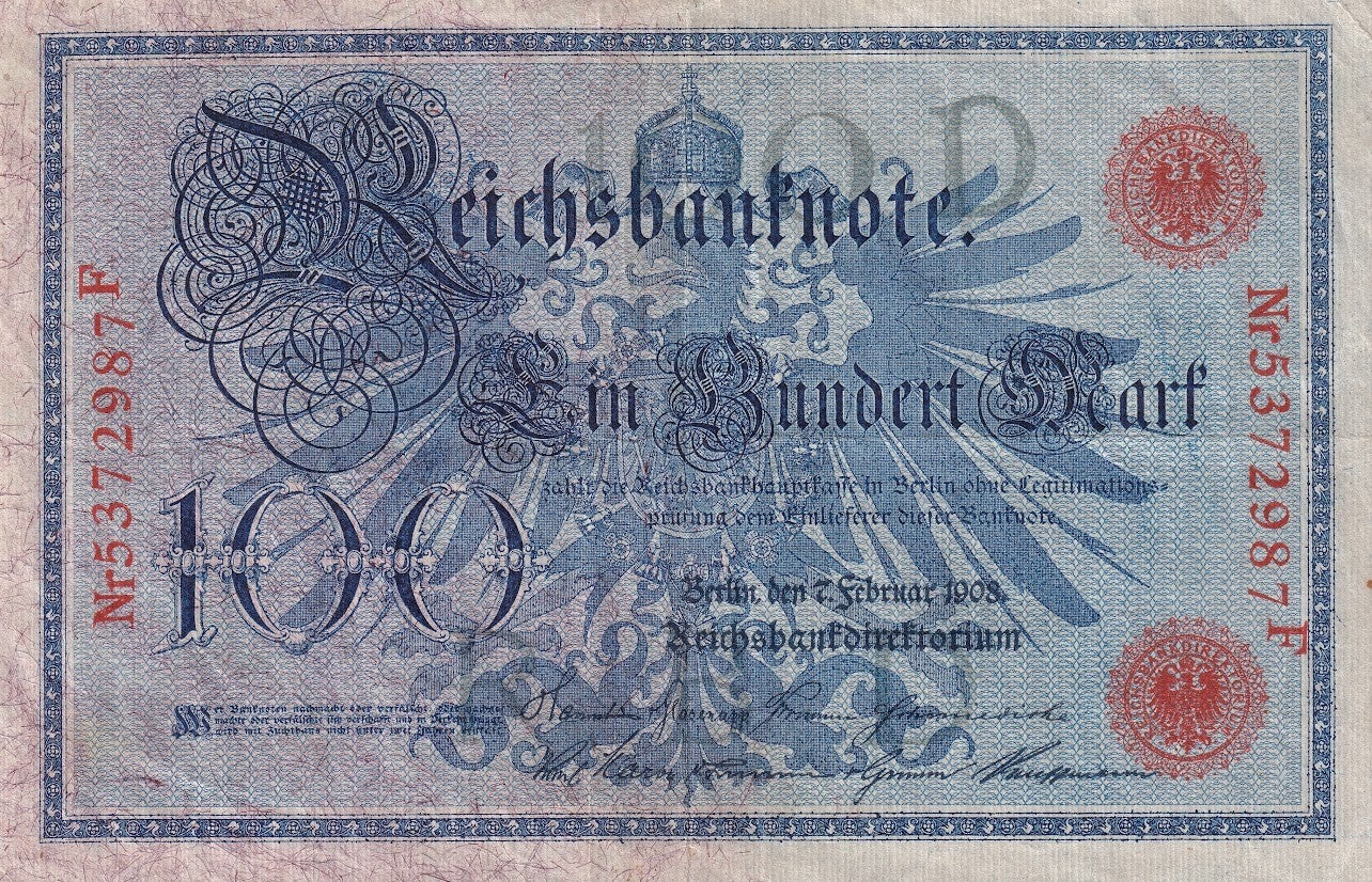 1908 German Empire Reichsbanknote 100 Mark Banknote – F / VF