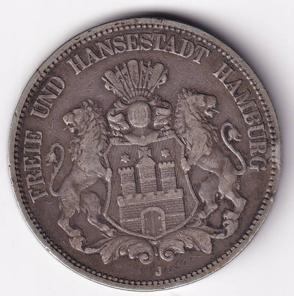 1876-J German States Hamburg 5 Mark Silver Coin – Free & Hanseatic City (VF)