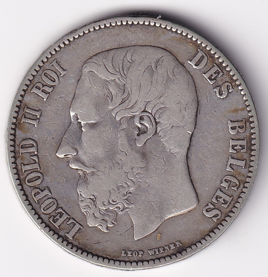 1871 Belgium 5 Francs – Leopold II ( (VF )