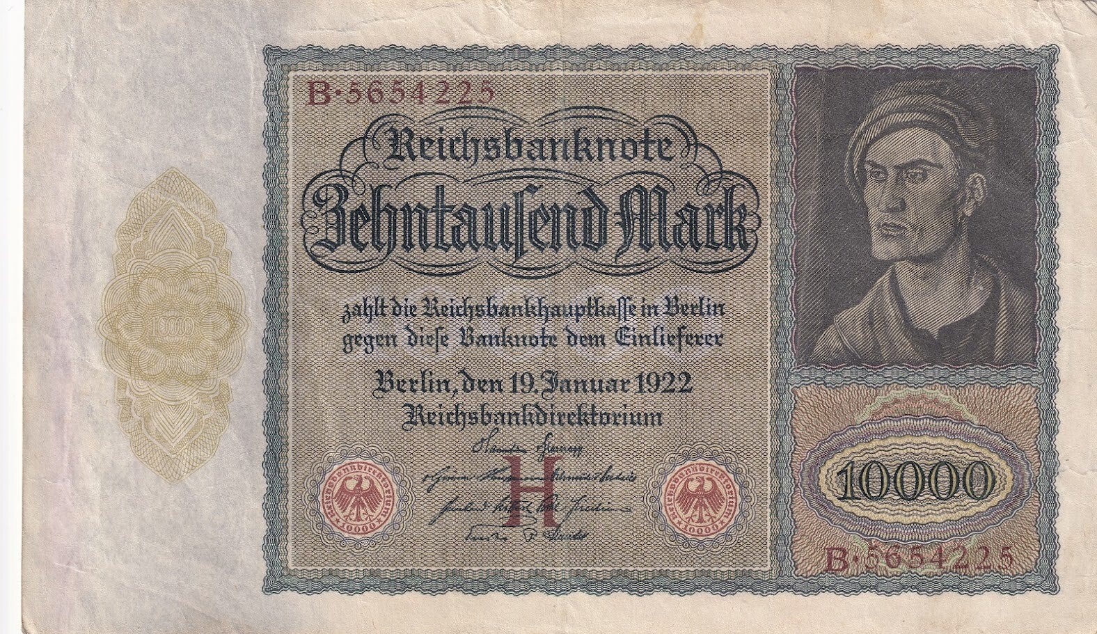 1922 Germany 10,000 Mark Reichsbanknote – Berlin 19 January 1922 – X Large Version – Weimar Inflation Era - F