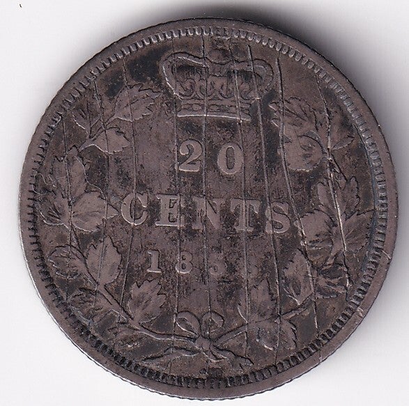 1858 Canada 20 Cents Silver – Queen Victoria – First Year Issue – Fine Details Scratched – .925 Silver