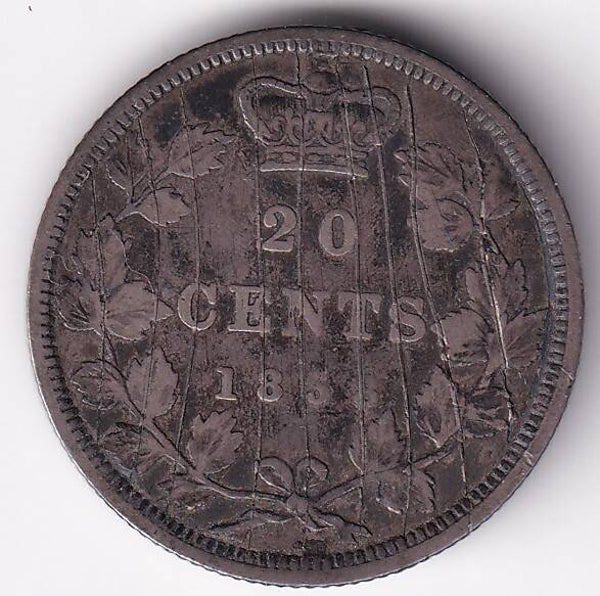 1858 Canada 20 Cents Silver – Queen Victoria – First Year Issue – Fine Details Scratched – .925 Silver