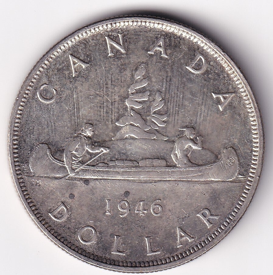 Key Date 1946 Canada Silver Dollar – King George VI – Voyageur Canoe – AU+ – 0.600 oz Silver