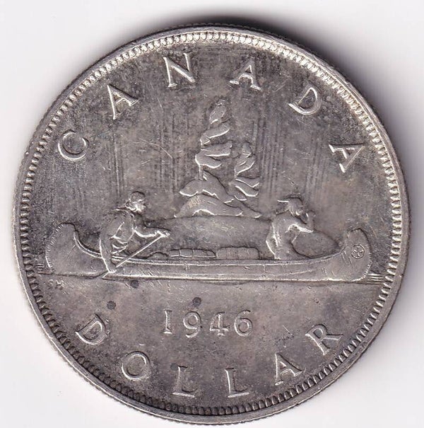 Key Date 1946 Canada Silver Dollar – King George VI – Voyageur Canoe – AU+ – 0.600 oz Silver