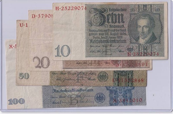 Germany 1929–1935 Reichsbanknote Set – 10, 20, 50 & 100 Reichsmark – Weimar Era Type Set – VF/XF