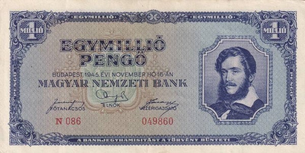 Hungary 1945 1 Million Pengő – Egymillió Pengő – Magyar Nemzeti Bank – Hyperinflation Era Note – VF