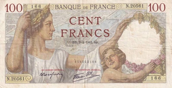 France 1941 100 Francs “Sulley” – Banque de France – WWII Era Banknote – SR 3-4-1941 – VF