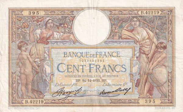 1933 France 100 Francs Banque de France “Luc-Olivier Merson” Note – 14-12-1933 – VF Details