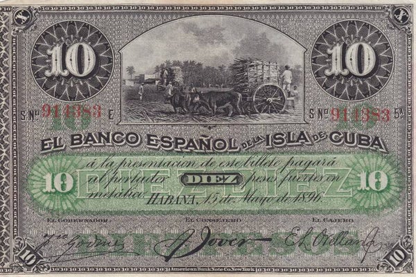 1896 Cuba 10 Pesos Banco Español de la Isla de Cuba – Specimen “PLATA” Overprint – ABNCo – VF/XF