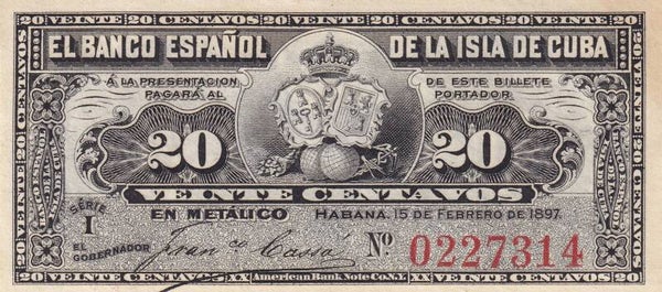 1897 Cuba 20 Centavos Banco Español de la Isla de Cuba – Silver Payable “En Metálico” – ABNCo – VF