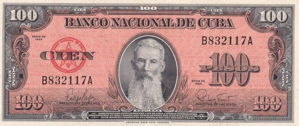 1959 Cuba 100 Pesos Banco Nacional – Camilo Cienfuegos – Red “CHE” Overprint – Serie de 1959 – VF